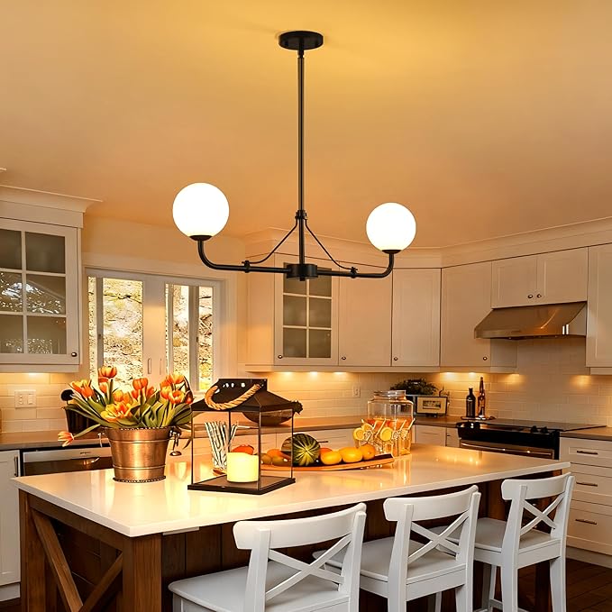 Klgxnrd 2 Lights Black Linear Chandelier, Mid Century Modern Kitchen Island Lighting, Dining Room Light Fixtures Over Table Hanging, Milk White Globe Glass Shade