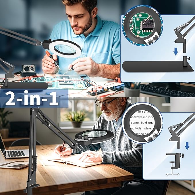 HITTI 12X Magnifying Glass with Light, 2026 Infinite Color and Stepless Dimming Desk Large Lamp & Clamp,2-in-1 LED Hands Free Lighted Magnifier for Craft Hobby Soldering(12X Square Base & Clamp)