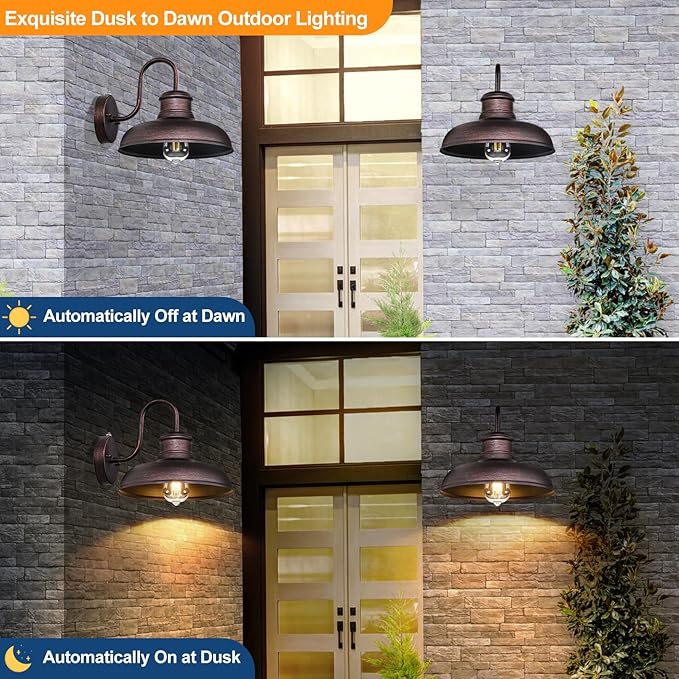 TOBUSA 2-Pack Dusk to Dawn Outdoor Wall Lights, Waterproof Farmhouse Gooseneck Barn Lights, 11.5'' Distressed Brown Outside Wall Sconces for House, Porch, Garage