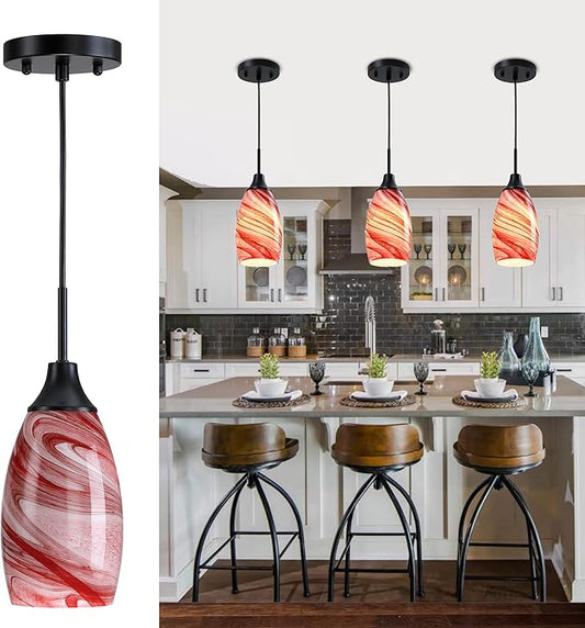 Viinew Mini Glass Pendant Light 4.72" with Handblown Burgundy Marble Art Glass Hanging Light 1-Pack Oval Ceiling Hanging Light Fixture for Dining Room Kitchen Island Cafe Foyer Hallway
