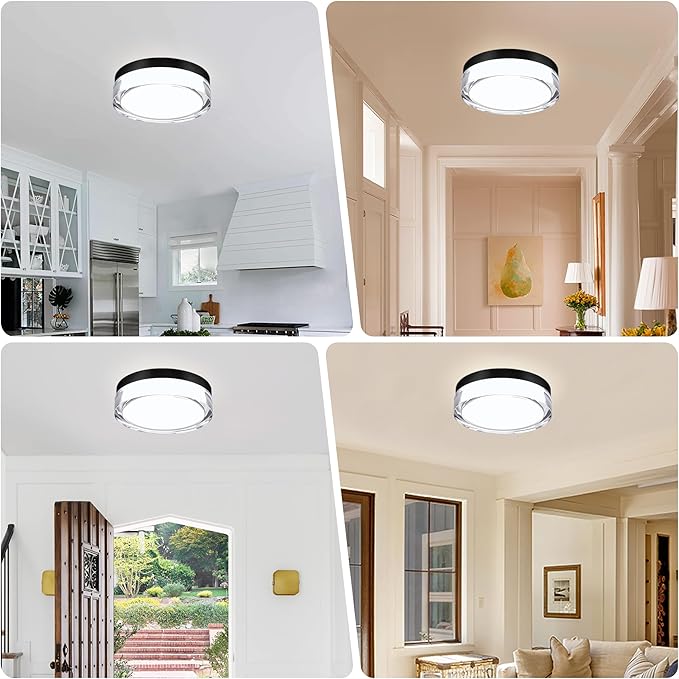 9 inch Flush Mount Ceiling Light Fixture, 3CCT LED Ceiling Lights, Black Modern Dimmable Lighting for Hallway Bathroom, Crystal Prismatic Featured, 3000K/4000K/5000K