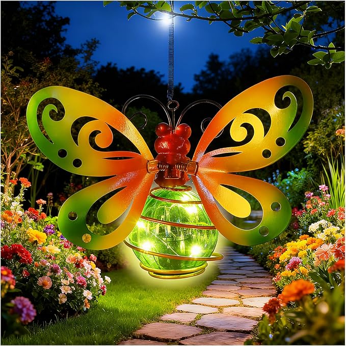 Butterfly Garden Decor with Bouncy Springs Pendant Lights Birthday Gifts for Women Mom Grandma,Hanging Solar Lights Outside Waterproof Metal Solar Outdoor Decoration for Yard, Porch,Patio,Backyard