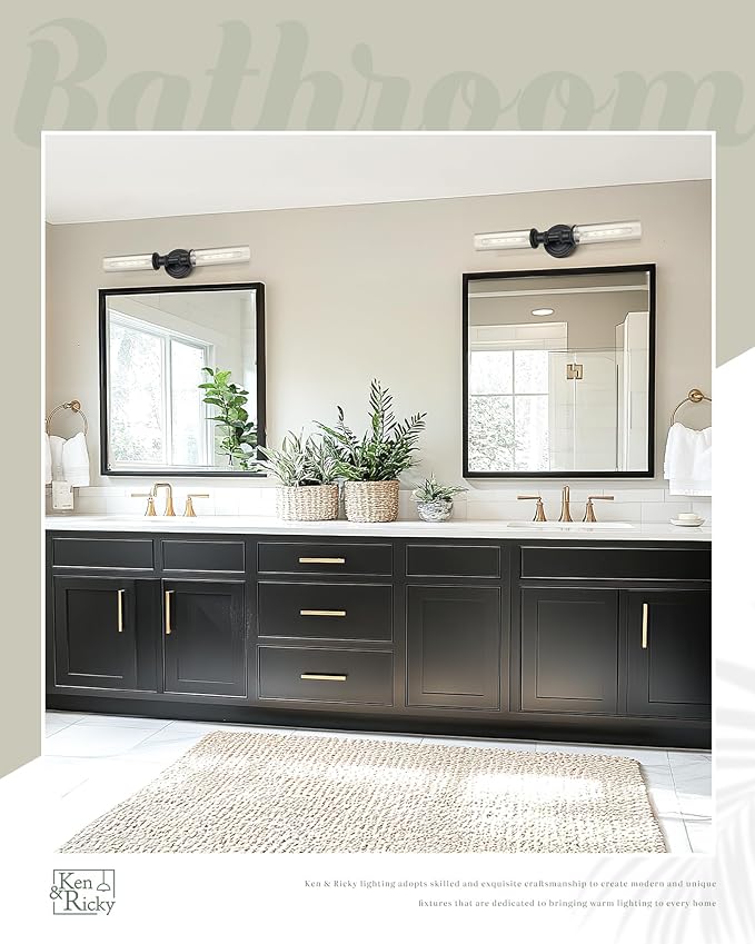 Ken & Ricky Modern Bathroom Sconces Set of 2, Matte Black Bathroom Wall Sconces,24-Inch Wall Sconce Light Fixtures Side of Mirror for Bathroom Living Room Bedroom