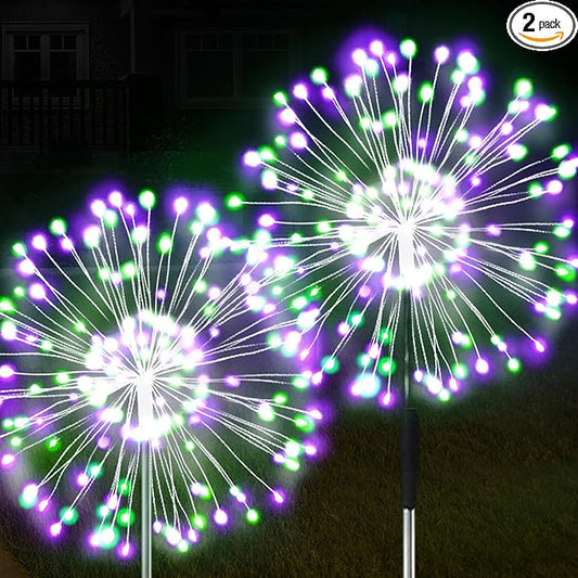 JJGoo Solar Firework Lights, 2 Pack 120 LEDs 2 Lighting Modes Solar Garden Lights Outdoor Waterproof for Yard Patio Walkway Pathway Party Wedding Christmas Decorative - Green and Purple
