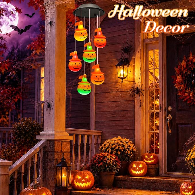 Halloween Decorations, Fall Decor Birthday Gifts for Women, Winzwon Solar Lights Outdoor Wind Chimes for Outside Garden Yard Patio Porch Decor Hanging Pumpkin Autumn Lights