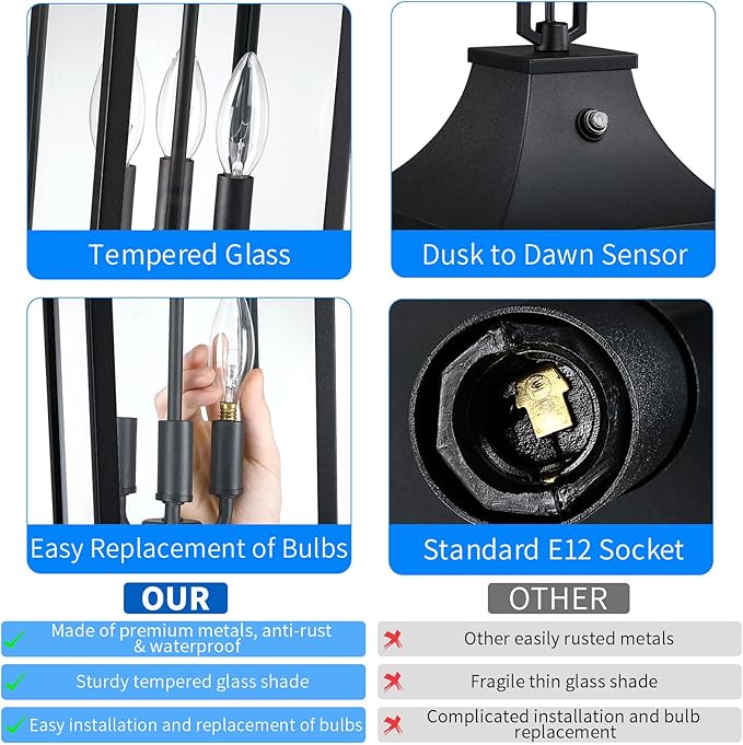 15'' Large Outdoor Pendant Light Fixtures 3-Light, Dusk to Dawn Exterior Hanging Lantern Porch Light Adjustable, Black Hanging Lamp Farmhouse Exterior Chandelier Ceiling Mount for Patio, 1Pack