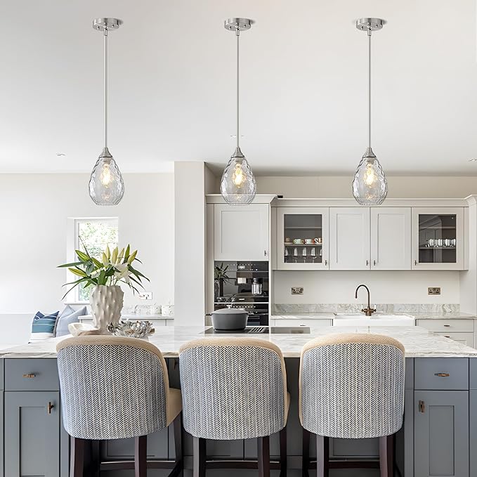 Brushed Nickel Pendant Lights Kitchen Island 2 Pack, Modern Glass Pendant Light Fixtures with Hammered Glass and Rods, Adjustable Small Hanging Light for Kitchen Sink Dining Room Bathroom