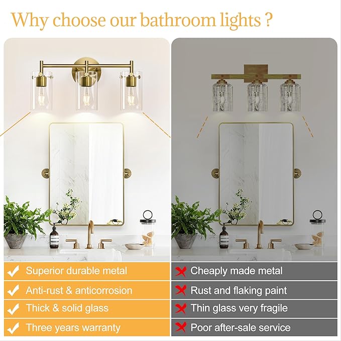 Indoi Bathroom Light Fixtures, 3-Light Brass Vanity Light, Black Bathroom Lights Over Mirror with Clear Glass Shade, Wall Sconces for Mirror Bedroom Living Room Hallway