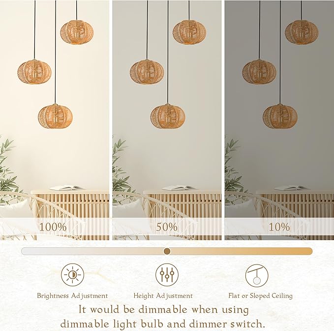 12" Boho Natural 3-Light Boho Chandeliers for Kitchen Island Hand-Woven Boho Rattan Chandeliers Dimmable Adjustable Hanging Chandelier for Dining Room Living Room Hallyway（Bulb Incl.
