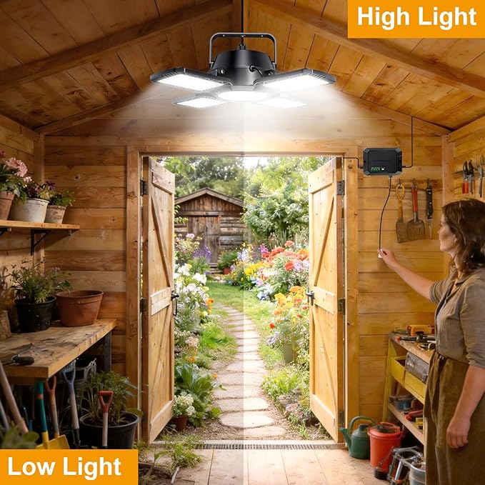 Auzev Solar Shed Light Indoor Outdoor, 172 LED Pendant Light with Pull Switch, Available Day & Night, 2000LM, 2 Dimmable, IP65 Waterproof Gazebo Light for Chicken Coop, Barn, Porch, Garage, Shop