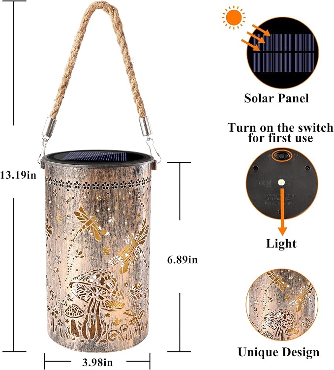 Toodour Solar Lantern Outdoor, Garden Gifts for Mom Grandma Women Hanging Solar Outdoor Lights Waterproof, Hollow Out Retro Metal Dragonfly Lights for Patio, Balcony, Walkway, Yard Decorations