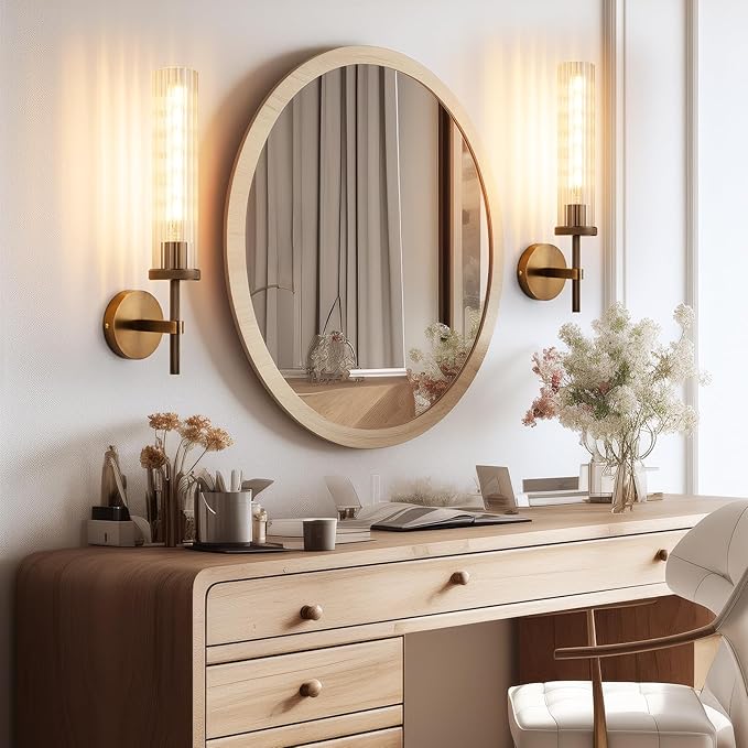 19.5" Knurled Bronze Hardwired Wall Sconces Set of 2, Bathroom Vanity Light Fixtures with Vertical Striped Glass Tube, Modern Lamp for Bedroom, Living Room, Hallway, Staircase, Mirror, Kitchen