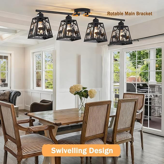 Rustic Flush Mount Ceiling Light - 4-Light Metal Fixture with Deer Design, Farmhouse Ceiling Lamp for Kitchen, Living Room, Bedroom, Dining Room, Entryway, Hallway (Bulbs not Included)