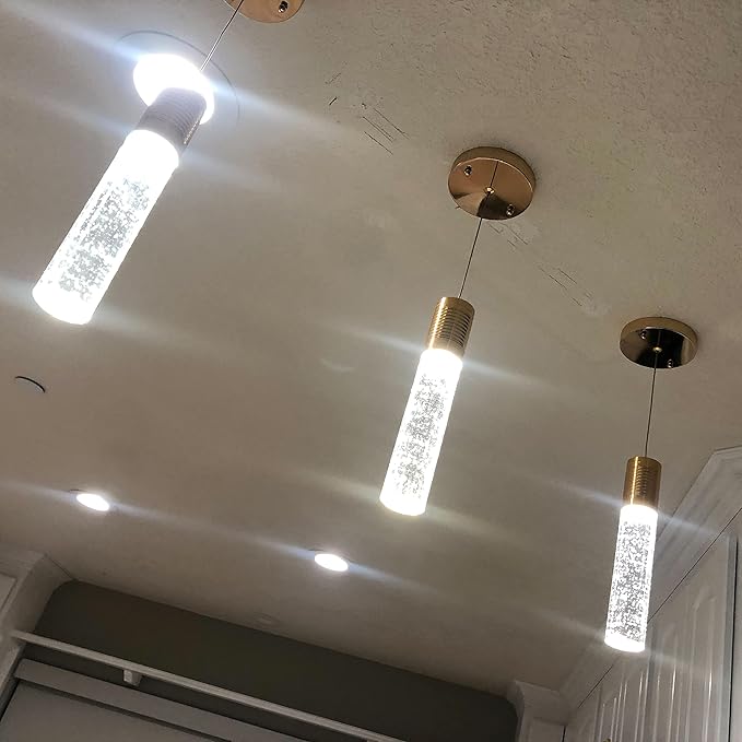 HAIXIANG Set of 3 Pendant Lights for Kitchen Island, White Light, Gold Crystal Linear Pendant Lighting, Bar Corner LED Light Fixtures Glam Drop Light
