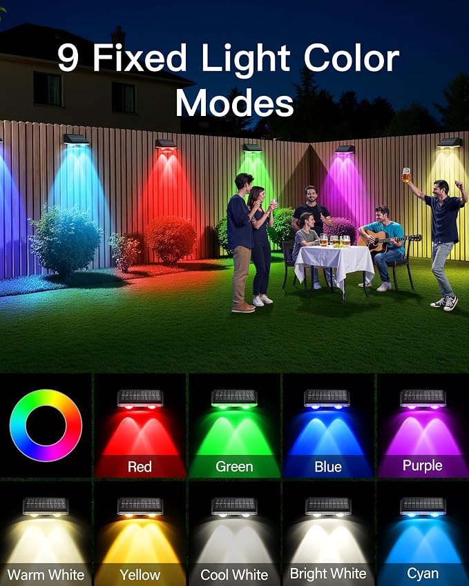 KEILAIMO Solar Fence Lights Outdoor, IP65 Waterproof Fence Lights Solar Powered with Ultra-Bright LED Lens, 9 Color Modes, 12+ Hours Steady Glow for Deck/Backyard/Patio/Pool/Wall - 16 Pack, Coal Black