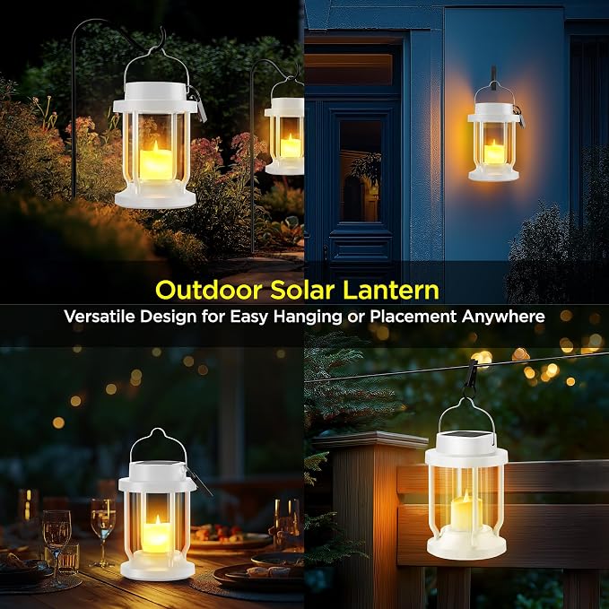 Solar Lantern Outdoor & Indoor Use – Hanging Solar Lights with Realistic Flickering Flameless Candle, Weatherproof for Gardens, Patios, Trees, and Lawns (White, 4 Pack)