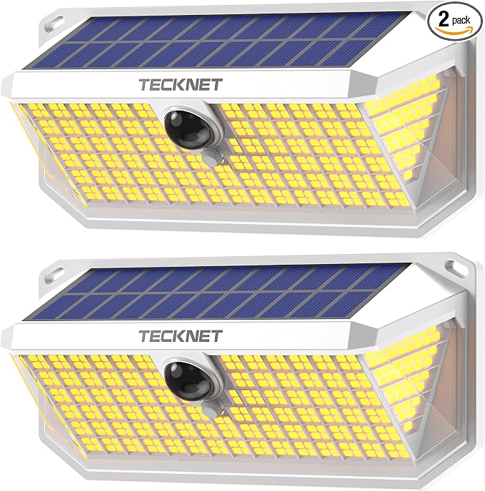 TECKNET 416 LED Solar Powered Outdoor Lights, 300° Angle & 3 Lighting Modes Motion Sensor Light Outdoor, Security Solar Lights Waterproof - 2 Pack, White Color & Warm Light