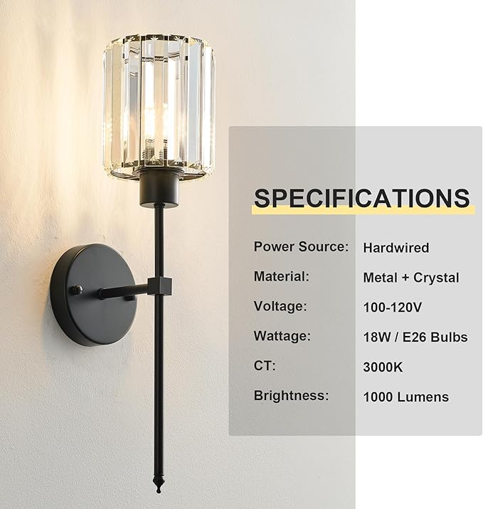 KARTOOSH Hardwired Crystal Wall Sconces Set of Two - Dimmable Wall Light Fixtures 3000K, Warm White, for Hallway, Bathroom, Living Room, Bedroom, Black, 20.1 Inch