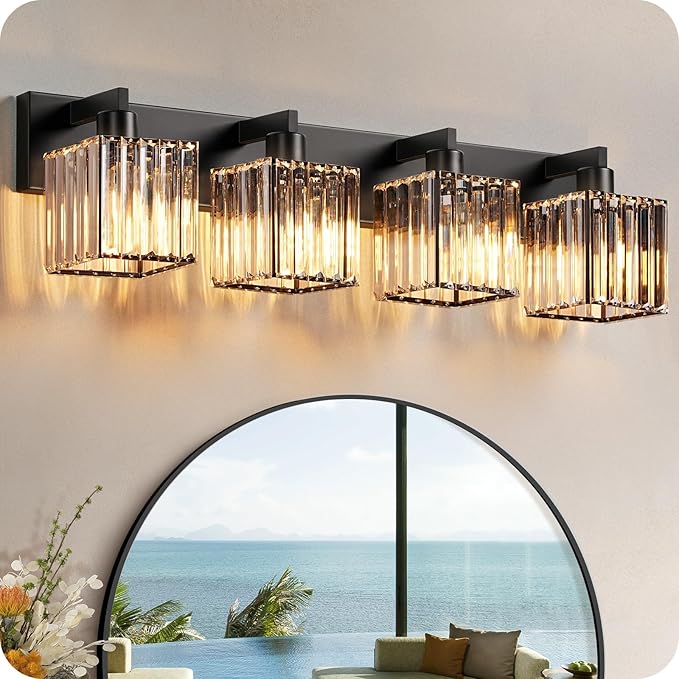 Modern Crystal Vanity Light, 4-Light Bathroom Light Fixture, 30.7"Square Vanity Lighting Fixture, E26 Base, Bulbs Not Included, for Bathroom,Vanity Light Over Mirror, Hallway,Black B11BD05W1