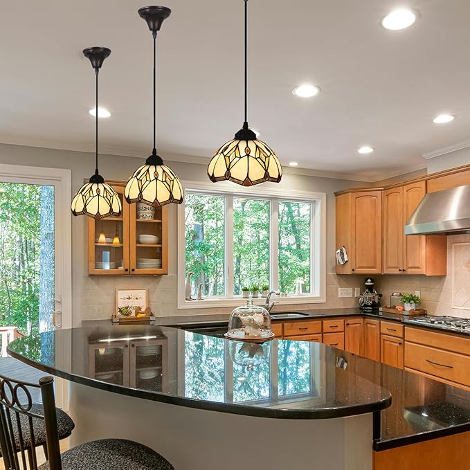 Pendant Light, Stained Glass Hanging Ceiling Light Fixture Adjustable Hanging Lamp for Kitchen Island, Dining Room, Living Room, Bedroom, E26 Pendant Lighting Fixtures