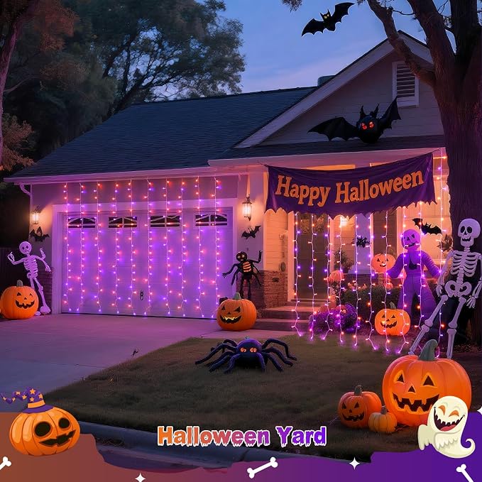 JMEXSUSS 200 LED Orange & Purple Halloween Curtain Lights Battery and USB Operated with Remote, 8 Modes Hanging String Lights for Bedroom, Halloween Lights Indoor Outdoor for Backdrop Party Decor