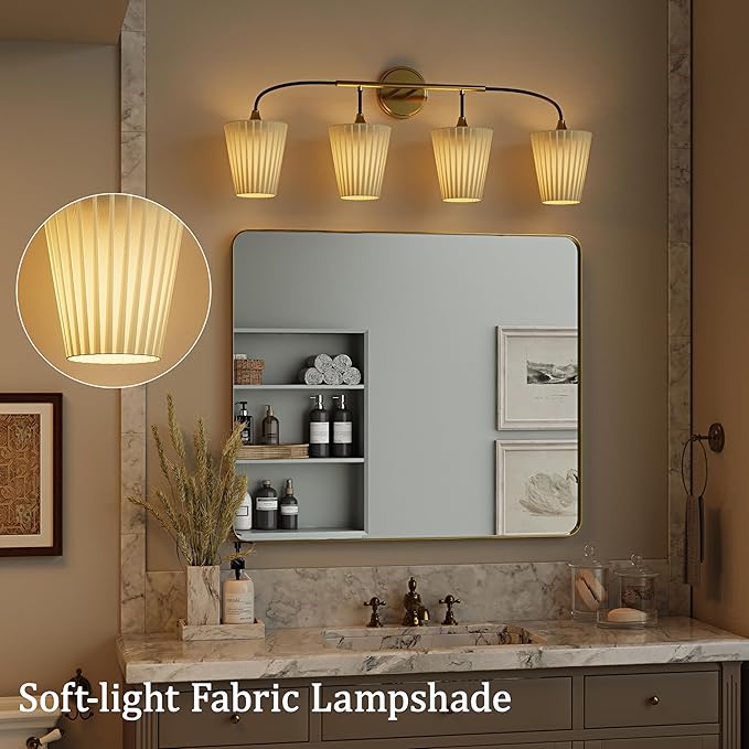 4-Light Bathroom Light Fixtures, Black Gold Bathroom Vanity Light Over Mirror, Modern Light Fixture with Flared Fabric Shade for E26 Bulb, Wall Sconce Light for Bedroom, Hallway with ETL
