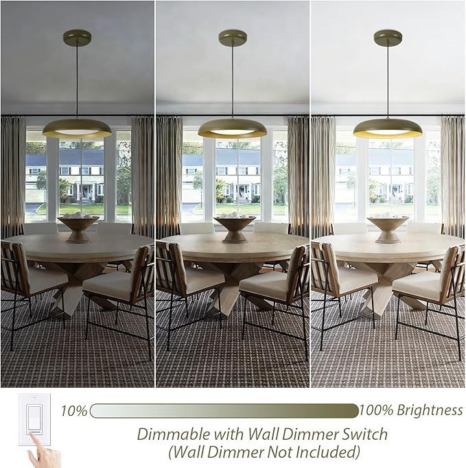 BISAMIYA 16" Modern Dimmable LED Pendant Light - Elegant Deep Green Metal Shade for Kitchen Island, Dining Room & Living Room - 3000K Warm White