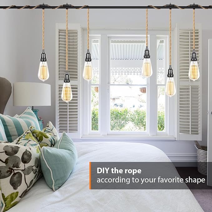 HURYEE Plug in Hanging Light Fixture, 15FT Pendant Lamp Lights Cord with Switch Cord E26 Bulbs Socket, Industrial DIY Twisted Hemp Rope Overhead Lamps for Farmhouse Bedroom Home Lighting Decors