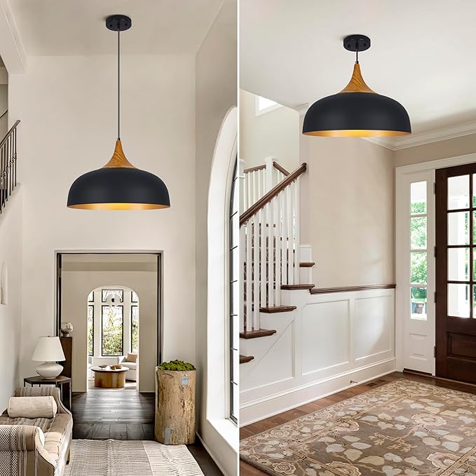 Black Farmhouse Dome Pendant Light 17.7" Large Vintage Pendant Light Fixture Hanging Wooden Pendant Lighting for Kitchen Island Dining Room Living Room Foyer Hallway