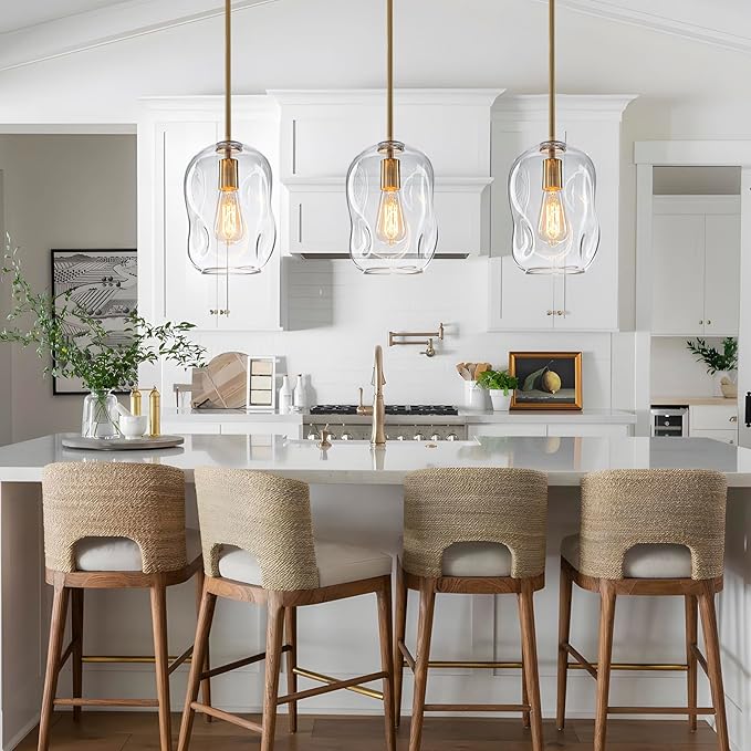 GoYeel Pendant Lights - Brushed Gold Glass Hanging Lamp 2 Pack, Modern Handblown Organic from Glass Pendant Lights Kitchen Island
