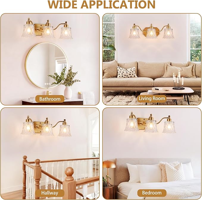 22" Gold Bathroom Light Fixture, 3 Light Brass Vintage Vanity Light, Antique Gold Finish with Crystal Glass Shade, Suit for Bathroom, Bedroom or Hallway