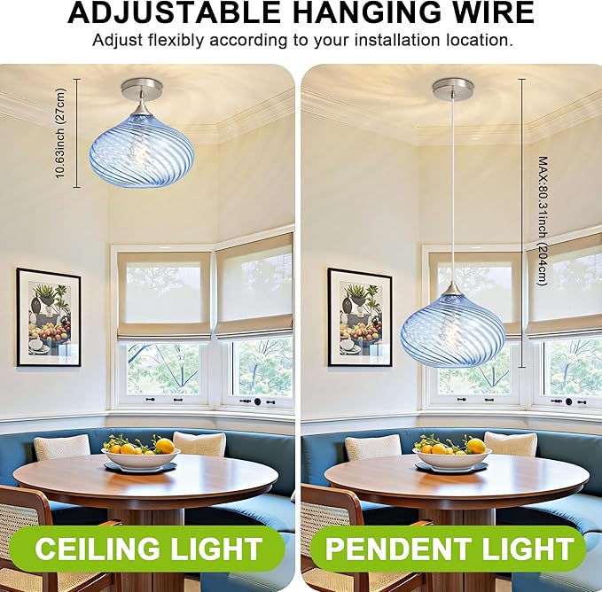 Glass Pendant Lights Kitchen Island, 11'' Brushed Nickel Pendant Lighting Fixtures, Modern Hanging Ceiling Light with Striped Blue Glass Shade for Farmhouse Dining Room Bedroom Hallway(1 Pack)