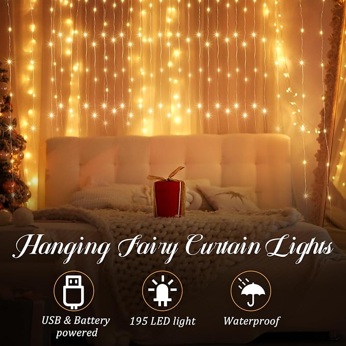Tuanse 3 Pack 195 LED Curtain Tapestry Lights Backdrop String Lights, 6.5 x 5 Feet Hanging Fairy Curtain Light with 8 Lighting Modes and Remote for Bedroom Window Wall Indoor Outdoor Graduation Decor