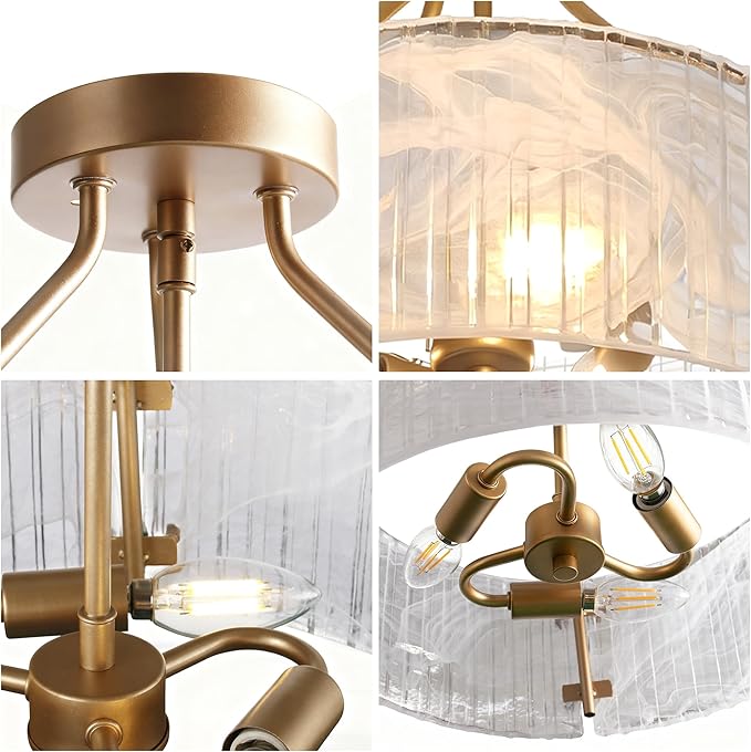 Gold Glass Semi Flush Mount Ceiling Light Fixture 3-Light Drum Ceiling Light Foyer Kitchen Lighting Fixtures D15 Farmhouse Flush Mount Ceiling Lights for Living Room Hallway Bedroom