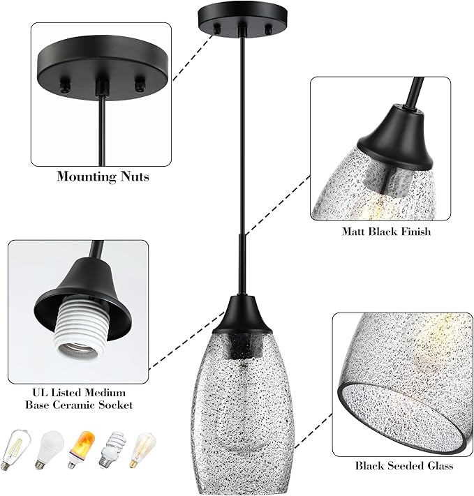 Viinew Mini Glass Pendant Light,4.72" Black Glass Hanging Light 3-Pack Handblown Clear Black Seeded Shade Adjustable Cord Ceiling Light Fixture for Kitchen Island Sink