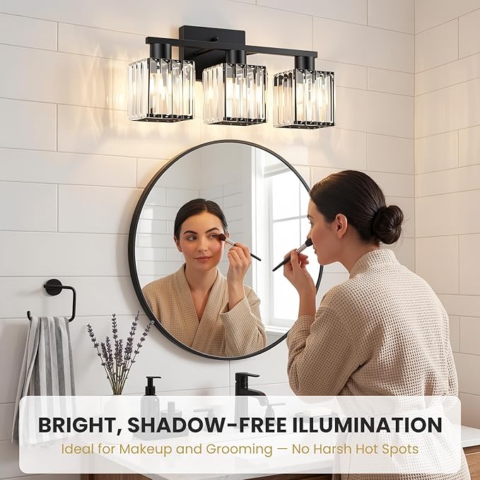 Crystal Bathroom Light Fixtures, 3-Light Matte Black, Vanity Lights for Bathroom Over Mirror, Modern Bath Wall Sconce for Mirror Bedroom Living Room