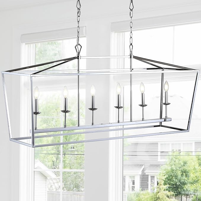 JONATHAN Y 49" Chrome Lantern Pendant Light, 1-Light Pagoda Style Metal Cage Farmhouse Hanging Ceiling Fixture for Kitchen Island, LED Bulb Included (JYL7439C)
