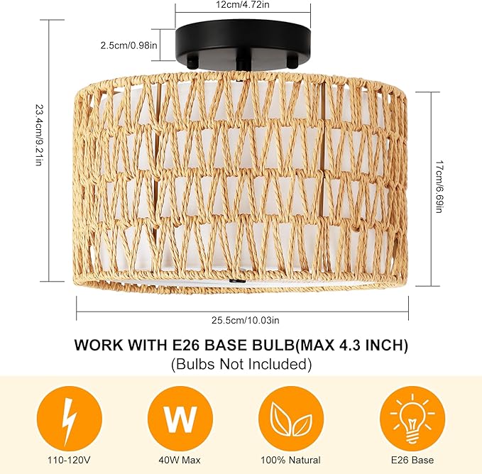 WILON Rattan Light Fixture Ceiling Mount, 3-Light Semi Flush Mount Ceiling Light Fixture with Fabric Shade, Modern Drum Woven Boho Light Fixture for Hallway Entryway Kitchen Bedroom Nursery Laundry