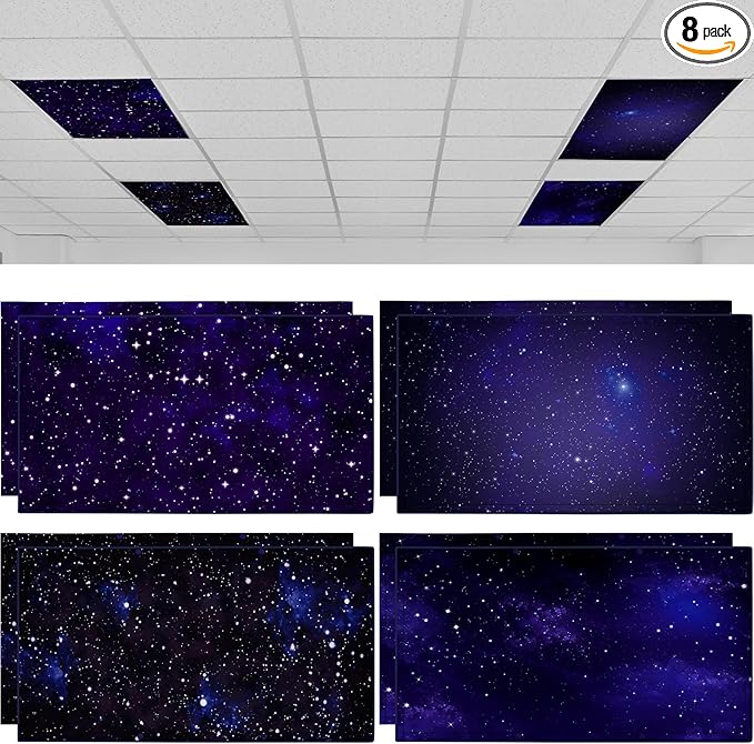 ROCEEI 8 Pack Fluorescent Light Covers, 4 x 2 Feet Magnetic Night Sky Covers Bulk for Ceiling Classroom Light, Reduce Glare, Easy Install, Filters for School, Home, Office, Hospitals Cubicle Decor