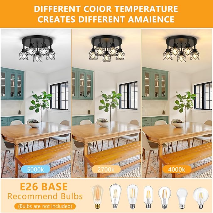 5-Light Adjustable Kitchen Light Fixtures, Multi-Directional Black Ceiling Light Fixtures, Semi Flush Mount Ceiling Light, Vintage Metal Cage Spotlight Fixture for Hallway Dining Room Entryway