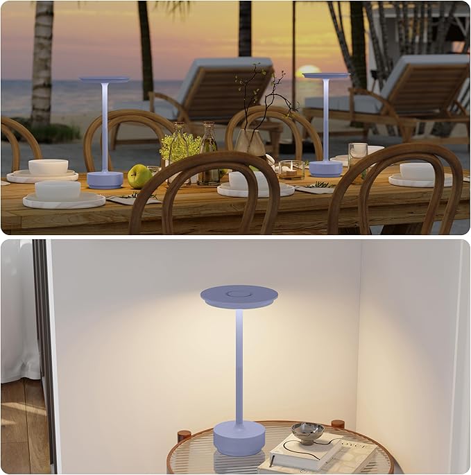 TBBGA 2 Pack Rechargeable Cordless Table Lamps, Portable 5000mAh Outdoor Table Light, 3 Color Stepless Dimming LED Table Lamp with Memory Function, for Home/Dinner/Patio/Restaurant.(Light Purple)