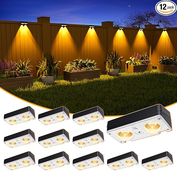 JOFIOS Solar Fence Lights Outdoor Waterproof, 80 Lumens Solar Lights for Fence with Warm White & RGB 8 Colors,Outdoor Solar Light for Deck, Patio, Backyard, Fence, Railing (12-Pack-Black)