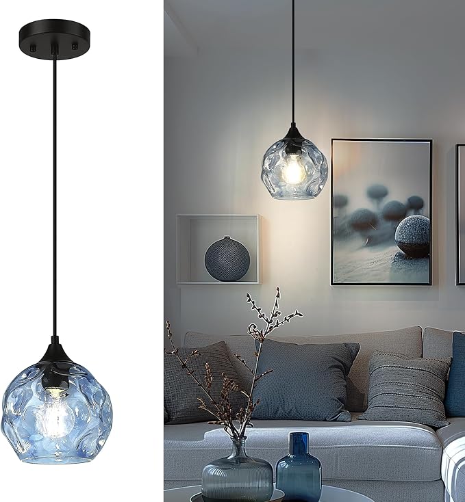 Emliviar 1-Light Pendant Lighting Hammered Glass, Modern Blue Ceiling Hanging Light for Kitchen, DYE287G1-MIL BK