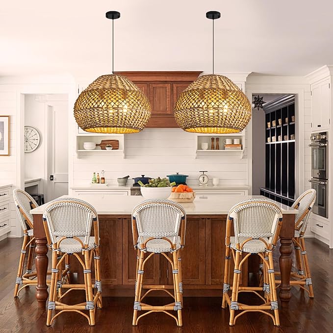 Rattan Pendant Light Fixtures,18.9" Boho Seagrass Pendant Light,3-Light Hand Woven Water Plants Rattan Chandelier for Dining Living Bedroom Kitchen Farmhouse