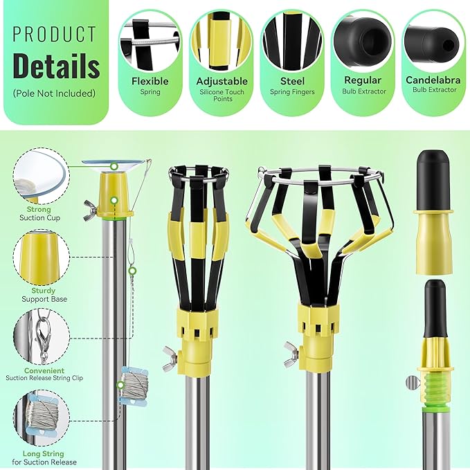 Dreyoo 4 Pieces Set Light Bulb Changer, Suction Cup and Cage Changer for Incandescent, Floodlight, Broken Bulb and Recessed Lights, Compatible with Standard Extension Pole, Pole Not Included (Yellow)