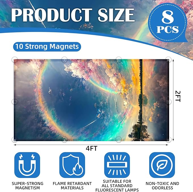 ANGSYLTH 8 Pcs Fluorescent Light Covers - 4 x 2 Feet Covers for Ceiling Lights, Magnetic Light Filters for Classroom, Office, Hospitals, Home (Auspiciousness Clouds)
