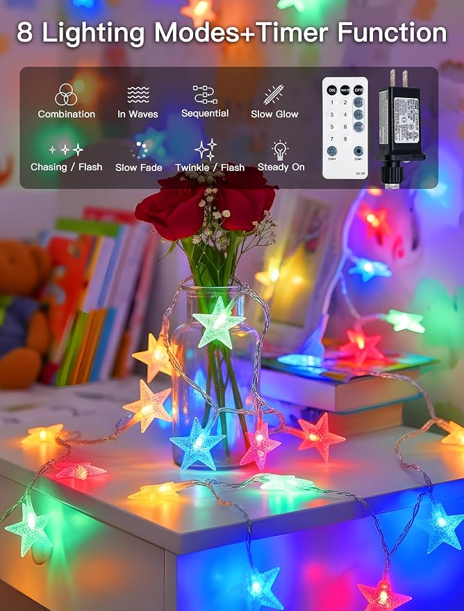 Star String Lights Plug in,39ft 100LED Easter Lights with Remote, Hanging Star Decorations Lights Waterproof for Indoor Outdoor Bedroom Classroom Dorm Kids Tent Party Decor,Multicolor