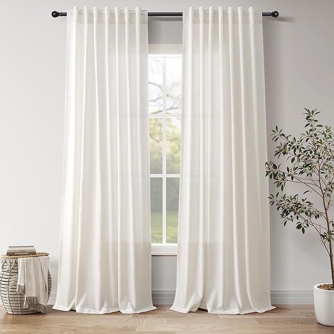 Nanspring Natural Linen Curtains for Living Room 98 Inches Long Rustic Farmhouse Decor Light Filtering Semi Sheer Curtain Back Tab and Rod Pocket Luxury Drapes for Bedroom Office 52x98, 2 Panels