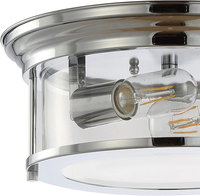 JONATHAN Y 13.25" Chrome 2-Light LED Flush Mount Ceiling Light Fixture, Modern Clear Glass Drum Shade, Industrial Farmhouse Lighting for Kitchen Hallway Bedroom (JYL7446C)
