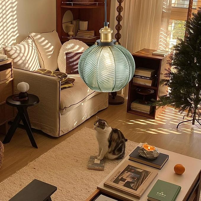 Modern Plug in Hanging Light, 7.8 Inch Glass Pendant Light with 14.76 FT Adjustable Plug in Cord, Vintage Green Hanging Lamp for Dining Room Bedroom Kitchen Island Bathroom E26